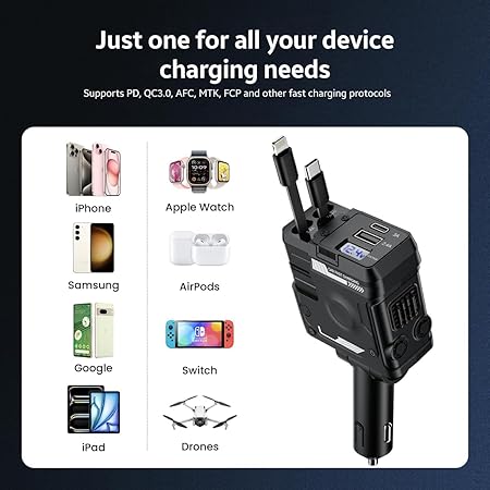 AMPERE 66W Retractable Car Charger - 4 in 1 Fast Car Charger with USB-C & Lightning Cables & Dual USB Ports (Type-C PD & USB-A)