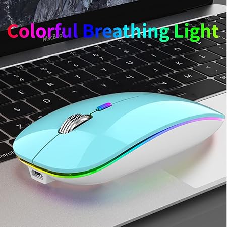 Uiosmuph LED Wireless Silent Mouse, G12 Slim Rechargeable, 2.4G Portable USB Optical Computer Mice with USB Receiver and Type C Adapter (Blue)