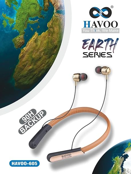 HAVOO EARTH 605 Wireless Bluetooth Leather Belt Headphones with Bass Sound [Lightweight Neckband, up to 90 Hrs Playback time.
