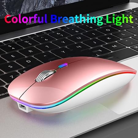 Uiosmuph LED Wireless Mouse, G12 Slim Rechargeable Silent 2.4G Portable Optical Wireless Computer Mice with USB Receiver and Type C Adapter (Rose Gold)