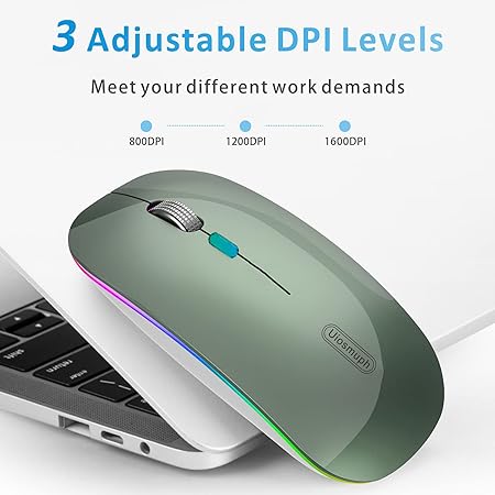 Uiosmuph LED Wireless Mouse G12 Slim Rechargeable Silent Mouse, 2.4G Portable USB Optical Computer Mice With USB Receiver and Type C Adapter (Blacklish Green)