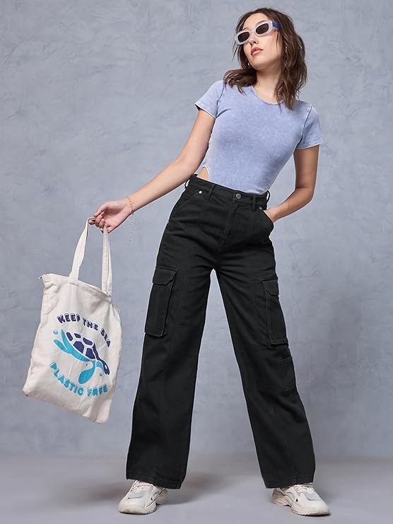 Bewakoof Womens High Rise 100% Cotton Solid Straight Fit Jeans|Straight Fit Jeans – Regular Fit | Classic Denim Pants | Everyday Casual