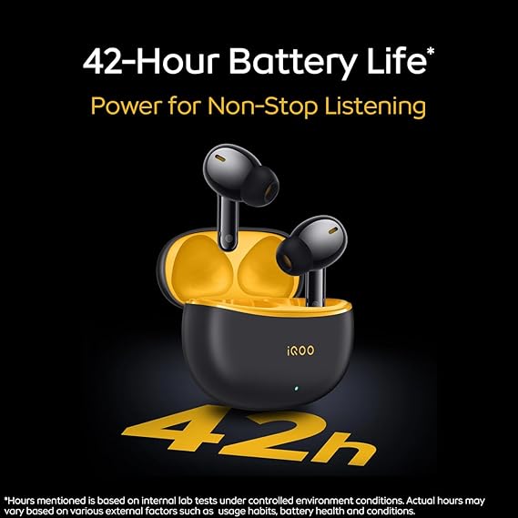 iQOO TWS 1e in-Ear Earbuds with Mic, Upto 30dB Active Noise Cancellation, Fast Charging which Takes 10 mins for 3 Hours Playtime (Flame Yellow)