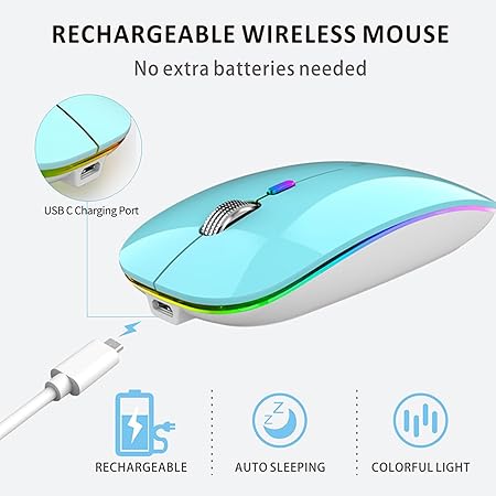 Uiosmuph LED Wireless Silent Mouse, G12 Slim Rechargeable, 2.4G Portable USB Optical Computer Mice with USB Receiver and Type C Adapter (Blue)