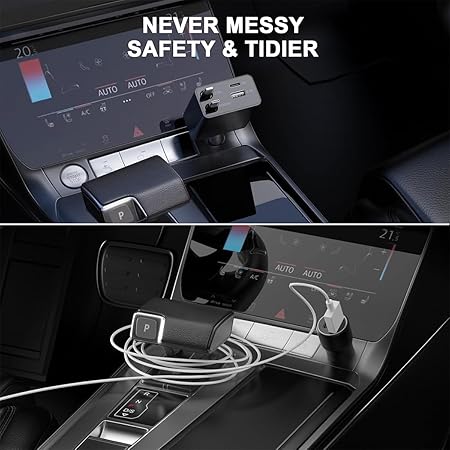 AMPERE 120W Retractable Car Charger - 4 in 1 Fast Car Charger with USB-C & Lightning Cables & Dual USB Ports (Type-C PD & USB-A)
