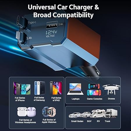 AMPERE 93W Retractable Car Charger - 4 in 1 Fast Car Charger with USB-C & Lightning Cables & Dual USB Ports (Type-C PD & USB-A)