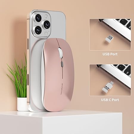 Picktech Q5 Slim Rechargeable Wireless Mouse, 2.4G Portable Optical Silent Ultra Thin Wireless Computer Mouse with USB Receiver and Type C Adapter, Compatible with PC, Laptop, Desktop (Rose Gold)