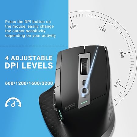 Rapoo MT750S Wireless Mouse with High-Precision Sensor, Easy-Switch Up to 4 Devices, Ergonomic Design, Rechargeable Bluetooth Mice with 4 Levels Adjustable DPI, Black (Black)