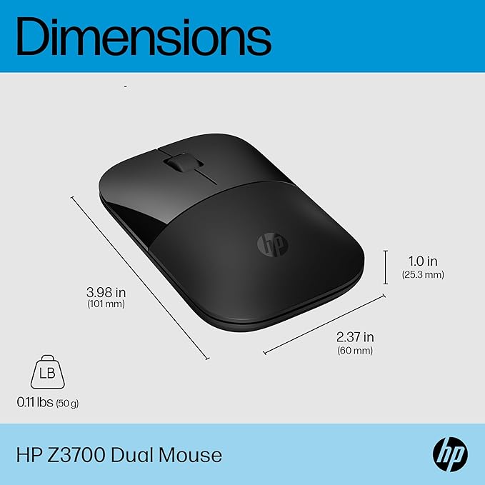 HP Z3700 Dual Black Mouse, Bluetooth 5.0, USB-A dongle, 2.4 GHz Wireless Connection, Multi-Surface Tracking, Silent clicks, Up to 1600 dpi, 16-Month Battery Life, 3-Year Warranty, 50g, Black