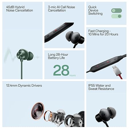 OnePlus Bullets Wireless Z2 ANC Bluetooth in Ear Earphones with Mic, 45dB Hybrid ANC, 20 Hrs Music, 28 Hrs Battery (Grand Green)
