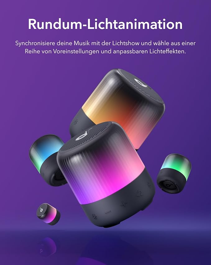 soundcore Glow Mini Speaker, Portable Bluetooth Speaker, 360° Sound, Light Show, 12h Playtime, IP67 Waterproof & Dustproof