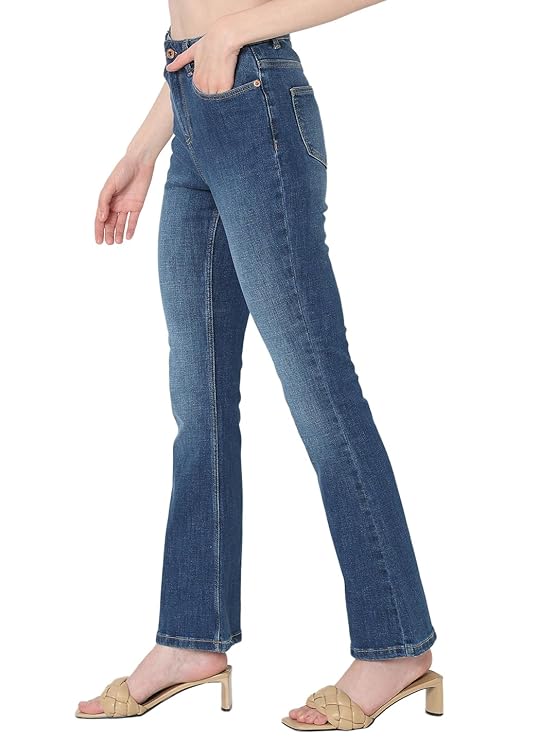 VERO MODA Women High Rise High Waist Bootcut Flared Jeans | Wide Leg Bell Bottom Denim | Stretchy & Stylish Retro Look