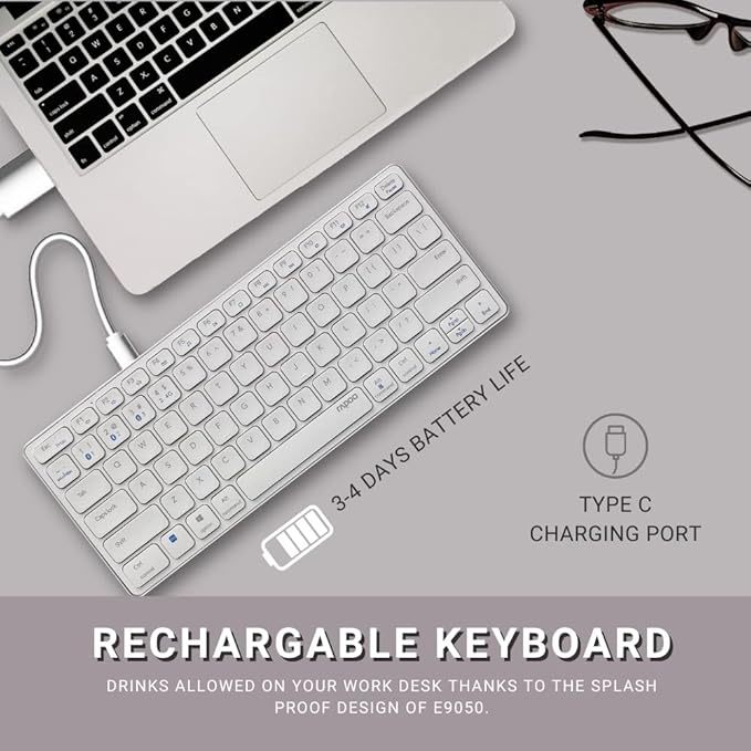 RAPOO E9050 C-Type Rechargeable Bluetooth Wireless Multi-Device (4 Devices) Keyboard for Windows/iOS/Android,Tablet/Smartphone White