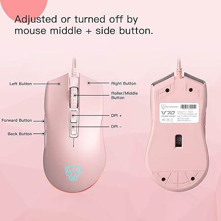 Motospeed V70 USB Wired Gaming Mouse,DPI 6400 ZEUS6400 Optical Sensor,Chorma RGB Backlit,7 Programmable Buttons?Ergonomic PC Gaming Mouse for Laptop, PC, Mac(Pink)