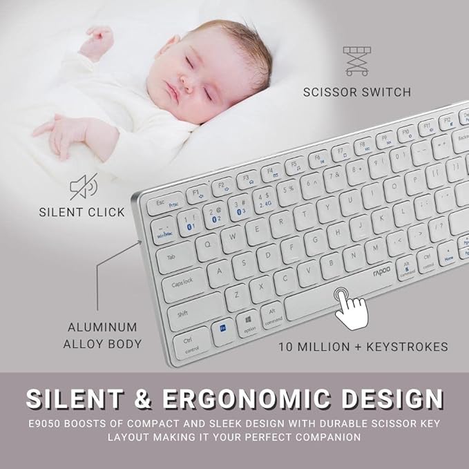 RAPOO E9050 C-Type Rechargeable Bluetooth Wireless Multi-Device (4 Devices) Keyboard for Windows/iOS/Android,Tablet/Smartphone White