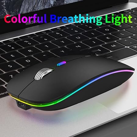 Uiosmuph LED Wireless Mouse, G12 Slim Rechargeable Wireless Silent Mouse, 2.4G Portable USB Optical Wireless Computer Mice with USB Receiver and Type C Adapter (Matte Black)