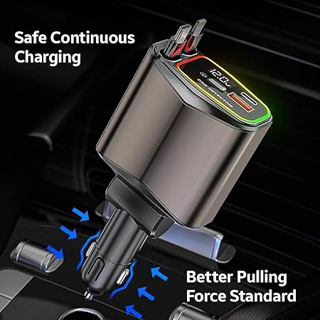 AMPERE 96W Retractable Car Charger - 4 in 1 Fast Car Charger with USB-C & Lightning Cables & Dual USB Ports (Type-C PD & USB-A)