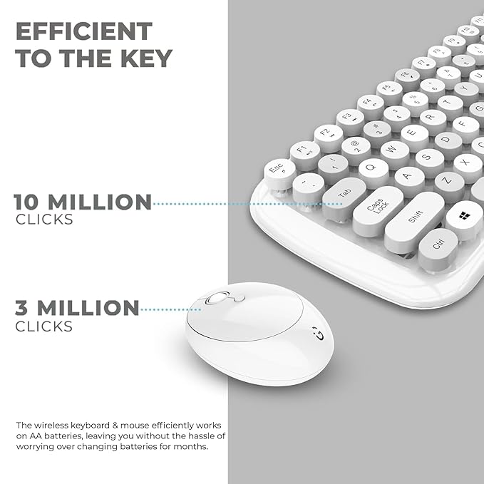 iGear KeyBee Retro Typewriter Inspired 2.4GHz Wireless Keyboard with Mouse Combo for Desktop/Laptop and Devices with USB Support, Single Nano Receiver, Round Keycaps, Cleaning Brush (White) (White)