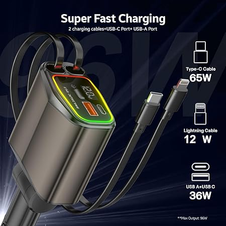 AMPERE 96W Retractable Car Charger - 4 in 1 Fast Car Charger with USB-C & Lightning Cables & Dual USB Ports (Type-C PD & USB-A)