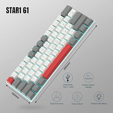 60% Mechanical Gaming Keyboard, Grey&White Gaming Keyboard with Hot Swappable Linear Red Switches, Wired Detachable Type-C Cable Mini Keyboard with Powder Blue Backlight for Windows/Mac/PC/Laptop