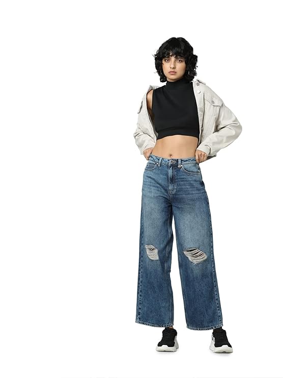 ONLY Women Blue Wide Leg High-Rise Highly Distressed Light Fade Jeans