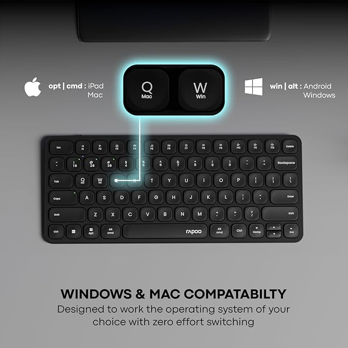 Rapoo E9050L Bluetooth Wireless Multi-Device Keyboard(4 Devices), Rechargeable, Led Indicators, Ultra-Thin, Ergonomic, Compatible with Windows, iOS, Android, Tab, Smartphones -Grey