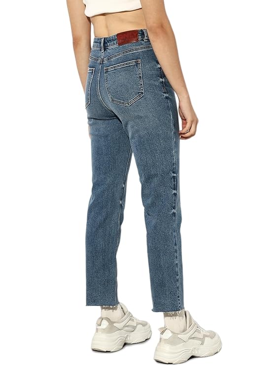 ONLY Women's Straight Fit High Rise Faded Jeans | Mom Jeans for Women
