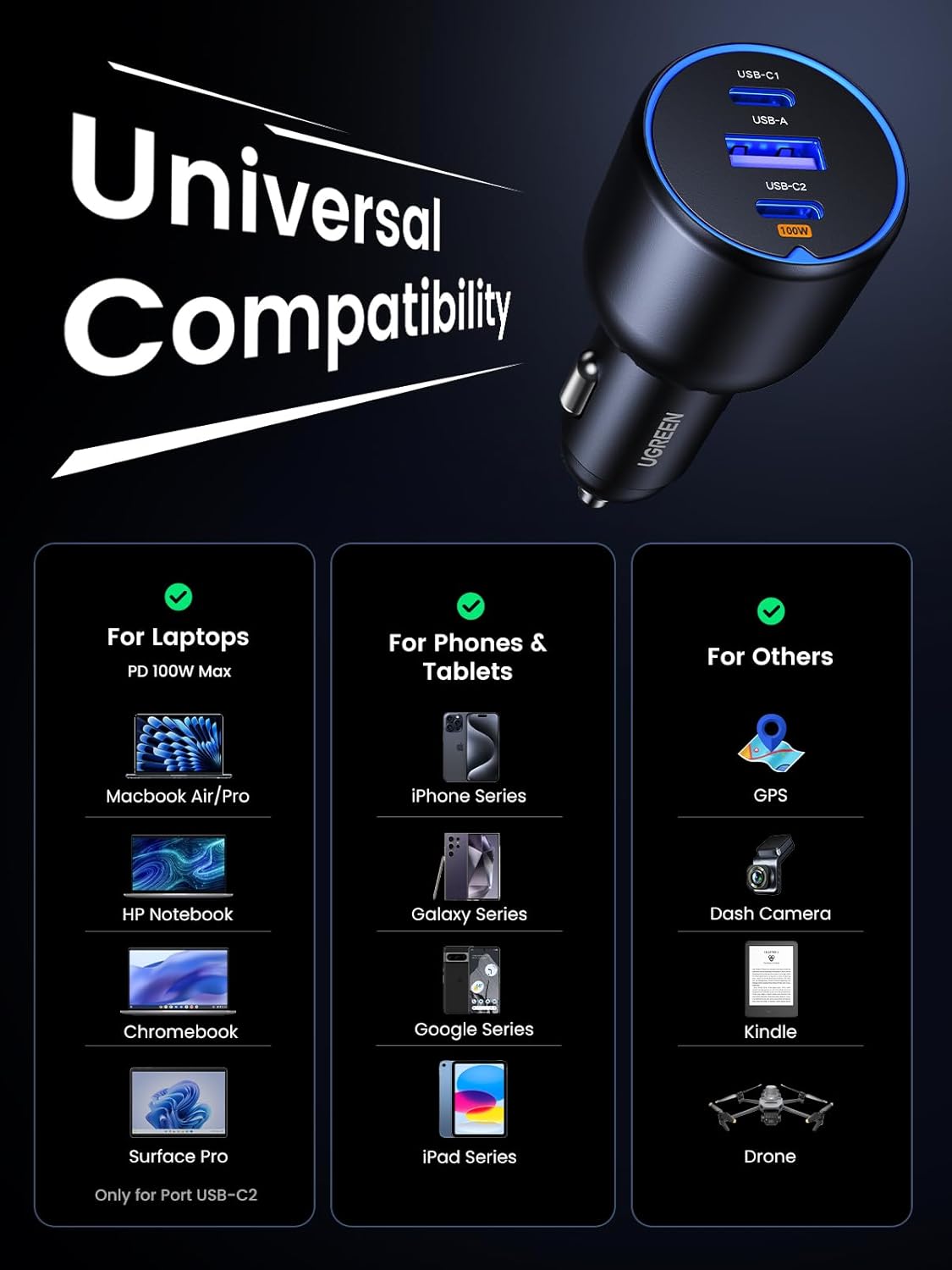 UGREEN 130W Laptop USB C Car Charger Fast Charging, 3 Ports Cigarette Lighter Adapter, PD3.0/QC4.0/PPS 45W (Black)