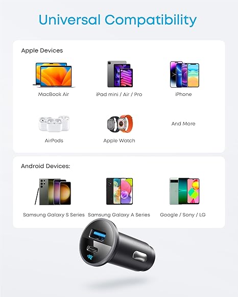 Anker 323 Car Charger 52.5W with PowerIQ 3.0 Ultra-Compact Dual-Port USB-C Fast Charing, Charge 2 devices simultaneously