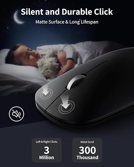 USB Wireless Mouse, 2.4G Silent Slim Cordless Computer Mouse with Metal Scroll, 1600 DPI & 24-Month Battery Life, Small Portable Optical Computer Mice for Windows macOS iPadOS Android Laptop PC