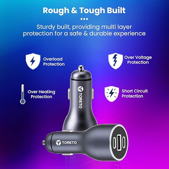 Toreto Turbo Ultra 120W Fast Charging Laptop/Mobile Car Charger (Quick Charge + PD) with 3 Ports Compatible with All Cars, Type C Cable Included(Grey)
