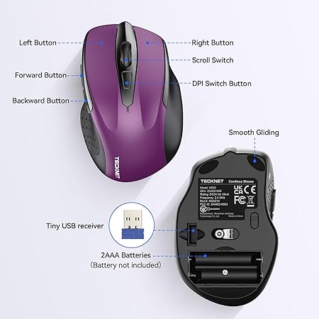 Tecknet M003 2.4G Ergonomic Wireless Mobile Optical Mouse with USB Nano Receiver (Purple)