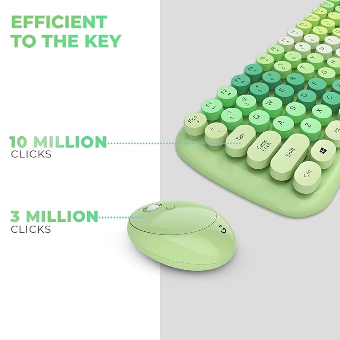 iGear KeyBee Retro Typewriter Inspired 2.4GHz Wireless Keyboard with Mouse Combo for Desktop/Laptop and Devices with USB Support, Single Nano Receiver, Round Keycaps, Cleaning Brush (White) (Green)