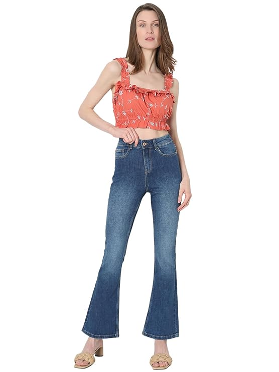 VERO MODA Women High Rise High Waist Bootcut Flared Jeans | Wide Leg Bell Bottom Denim | Stretchy & Stylish Retro Look
