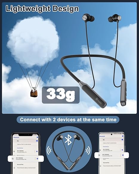 Hmusic H06 Neckband Bluetooth Headphones,Wireless Earbuds Bluetooth 5.4,30H Long Battery Life,33g Lightweight,IPX5 Waterproof (Black)