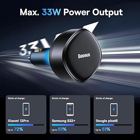 USB C Car Charger, Baseus Retractable Type C Car Charger 2-in-1 Car Charger 33W, Fast Car Charger Adapter