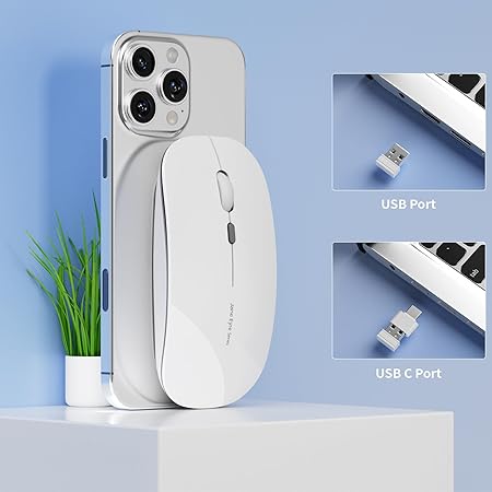 Q5 Slim Rechargeable Wireless Mouse, 2.4G Portable Optical Silent Ultra Thin Wireless Computer Mouse with USB Receiver and Type C Adapter, Compatible with PC, Laptop, Notebook, Desktop White