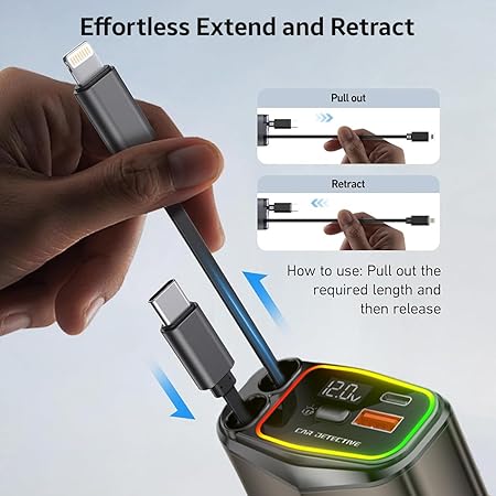 AMPERE 96W Retractable Car Charger - 4 in 1 Fast Car Charger with USB-C & Lightning Cables & Dual USB Ports (Type-C PD & USB-A)