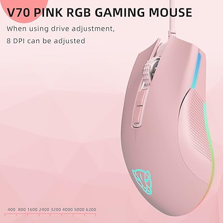 Motospeed V70 USB Wired Gaming Mouse,DPI 6400 ZEUS6400 Optical Sensor,Chorma RGB Backlit,7 Programmable Buttons?Ergonomic PC Gaming Mouse for Laptop, PC, Mac(Pink)
