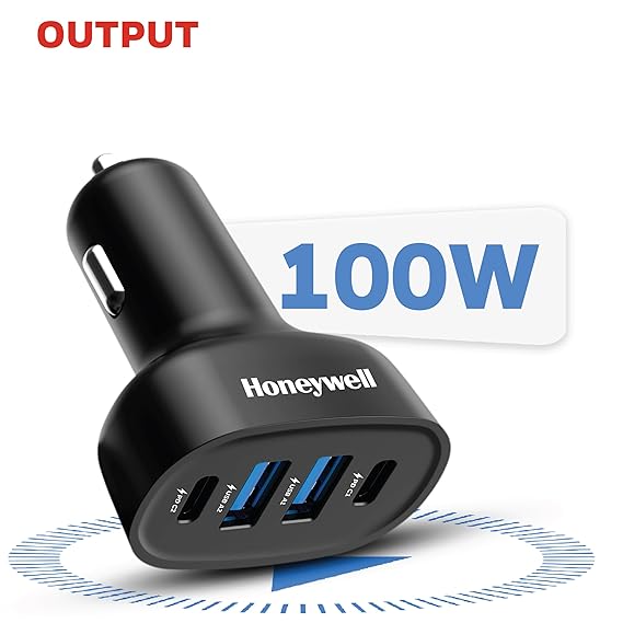 Honeywell Newly Launched Micro CLA 100W PD Smart Car Charger, 2xType C & 2xUSB A Port, Ultra-Fast Charging (Black)
