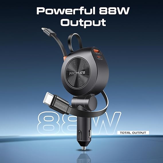 Promate Multi-Port Car Charger with Retractable PD30W USB-C and PD20W Lightning Cables, 20W USB-C, 18W Quick Charge Ports