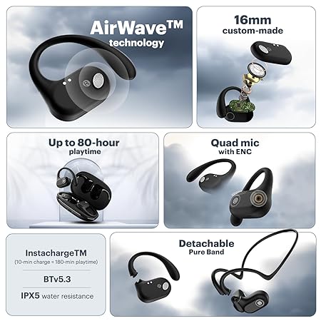 Noise Pure Pods Wireless Open Ear Earbuds with AirWave™ Technology,Up-to 80H Playtime (Black)