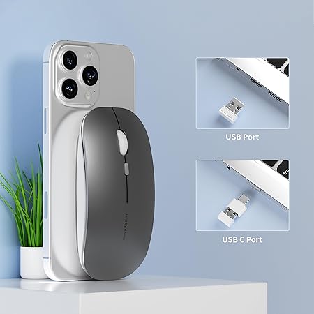 Picktech Q5 Slim Rechargeable Wireless Mouse, 2.4G Portable Optical Silent Ultra Thin Wireless Computer Mouse with USB Receiver and Type C Adapter, Compatible with PC, Laptop, Notebook, Desktop (Grey)