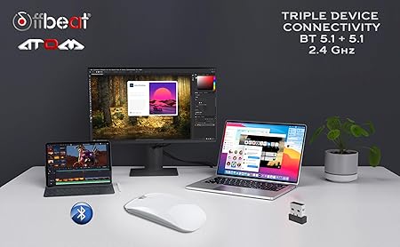 Offbeat - Atom Dual Bluetooth 5.1+5.1 & 2.4Ghz Wireless, Type-C Rechargeable Silent Click Mouse, Triple Device connectivity Windows, Mac, iOS, Android
