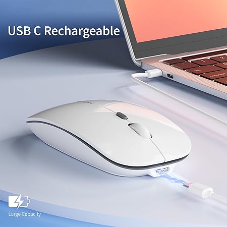 Q5 Slim Rechargeable Wireless Mouse, 2.4G Portable Optical Silent Ultra Thin Wireless Computer Mouse with USB Receiver and Type C Adapter, Compatible with PC, Laptop, Notebook, Desktop White