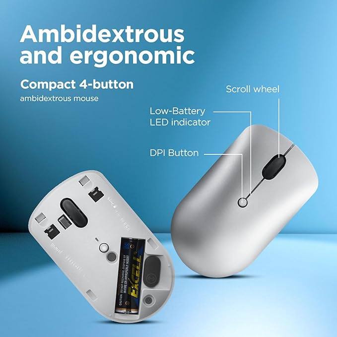 Lenovo 540 USB-C Compact Wireless Mouse (2400 DPI Sensor, 2.4GHz Wireless Nano USB, 4-Button (left click, right click, scroll click, DPI)|Ambidextrous Design| 3 Year Warranty | Cloud Grey)