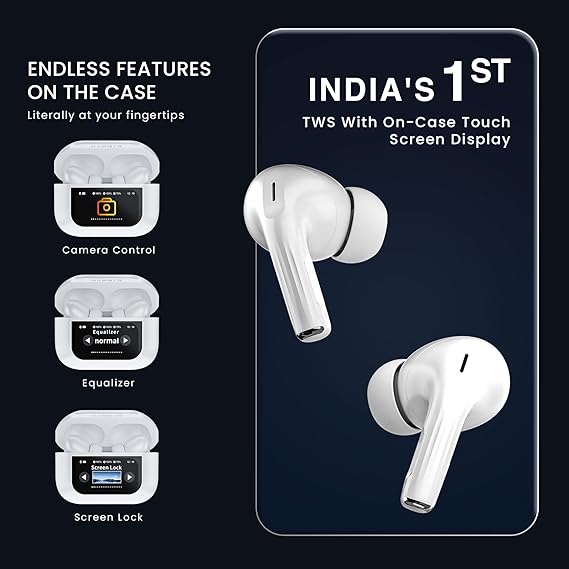 HAMMER Screen TWS, ANC (32dB), Smart Touch Display True Wireless Buds, Type-C Fast Charging, Bv5.4 (White)