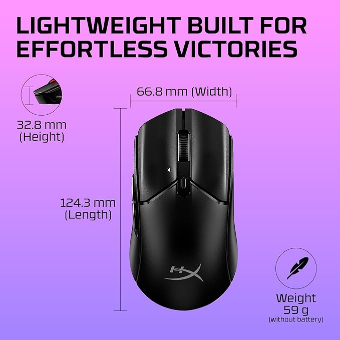 HyperX Pulsefire Haste 2 Core Gaming Mouse,Ultra Lightweight, 61g, 100 Hour Battery Life, 2.4Ghz Wireless, Up to 26000 DPI - Black