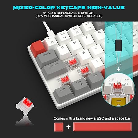 60% Mechanical Gaming Keyboard, Grey&White Gaming Keyboard with Hot Swappable Linear Red Switches, Wired Detachable Type-C Cable Mini Keyboard with Powder Blue Backlight for Windows/Mac/PC/Laptop