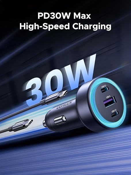 UGREEN 30W Car Charger, 3 Ports Fast Charging Cigarette Lighter Adapter, PD 30W/PPS 25W/SCP 22.5W